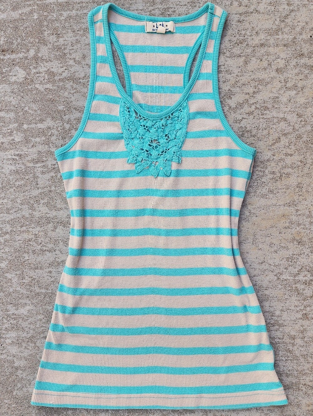 Lei‎ Y2K Striped Turquoise & Cream Crochet Lace Accent Racerback Tank Top, Sz XL